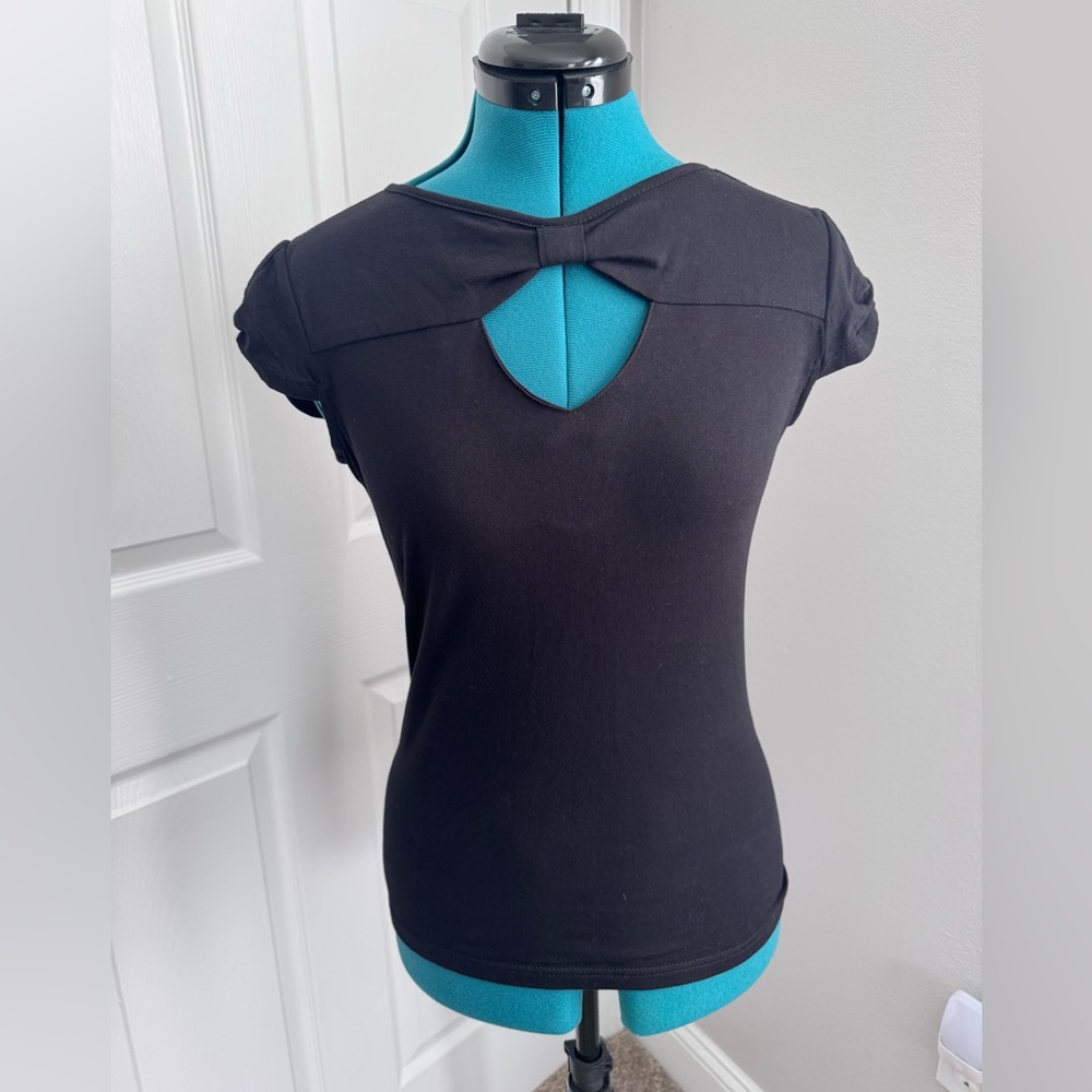 Black Cap Sleeve Blouse with Cut Outs